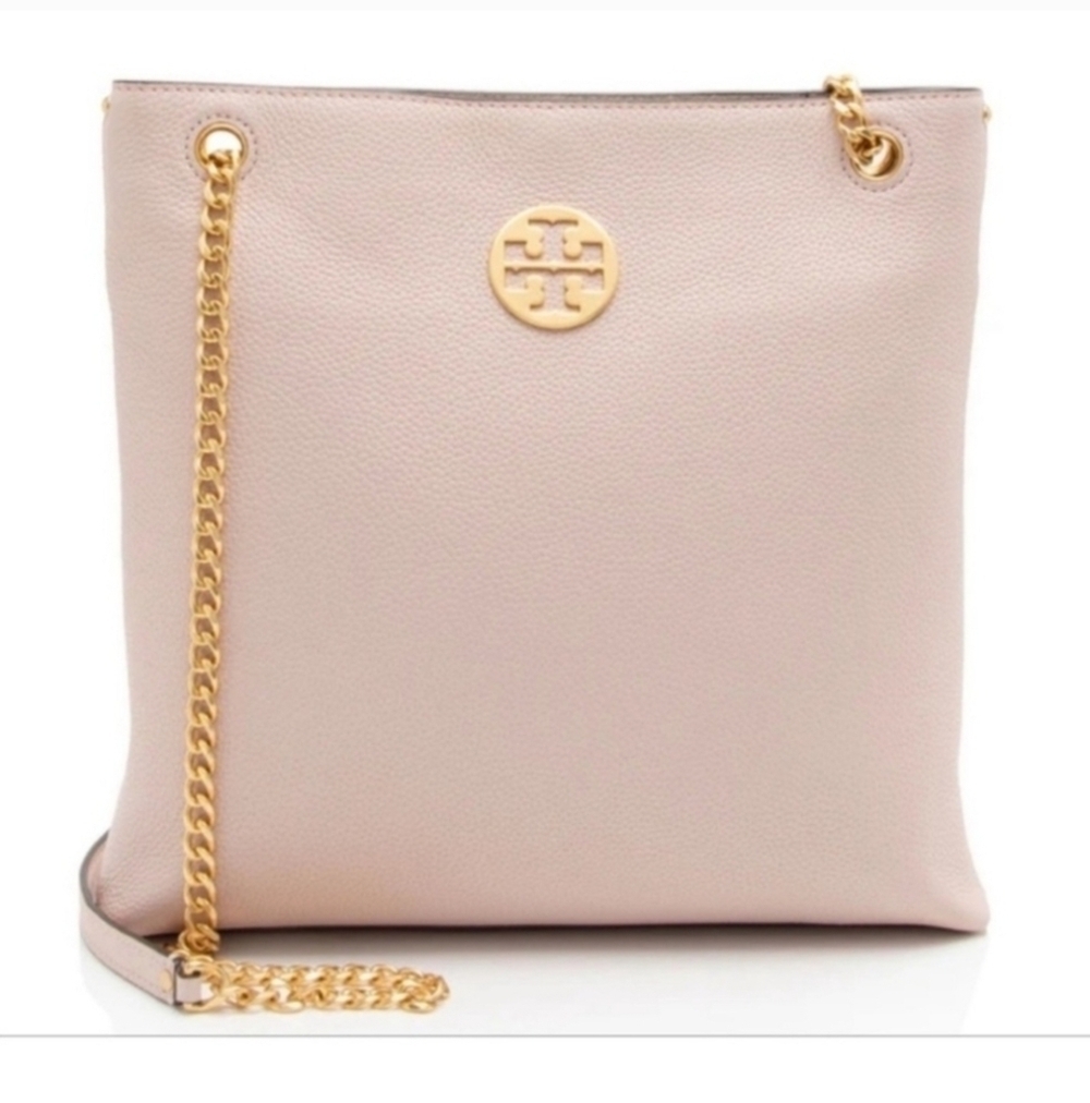 Tory Burch Everly Shell Pink Pebbled Leather Swingpack Crossbody Shoulder Bag